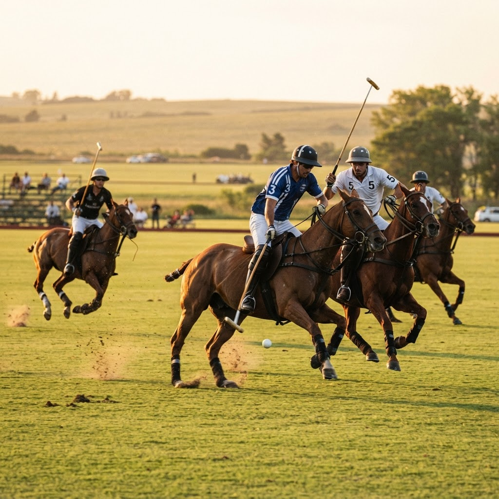 Partido de polo en Argentina bajo la luz del atardecer