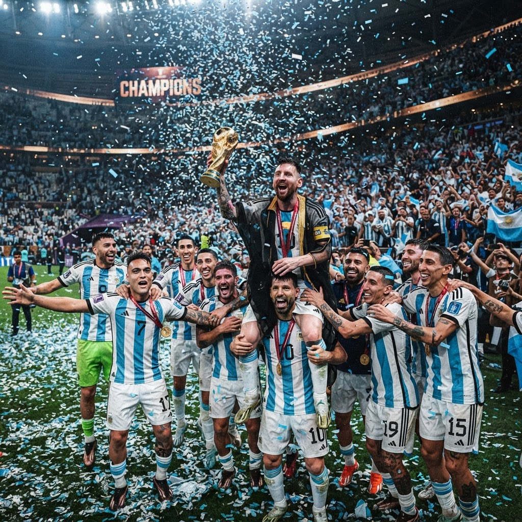Celebracion deportiva argentina con confeti y multitud