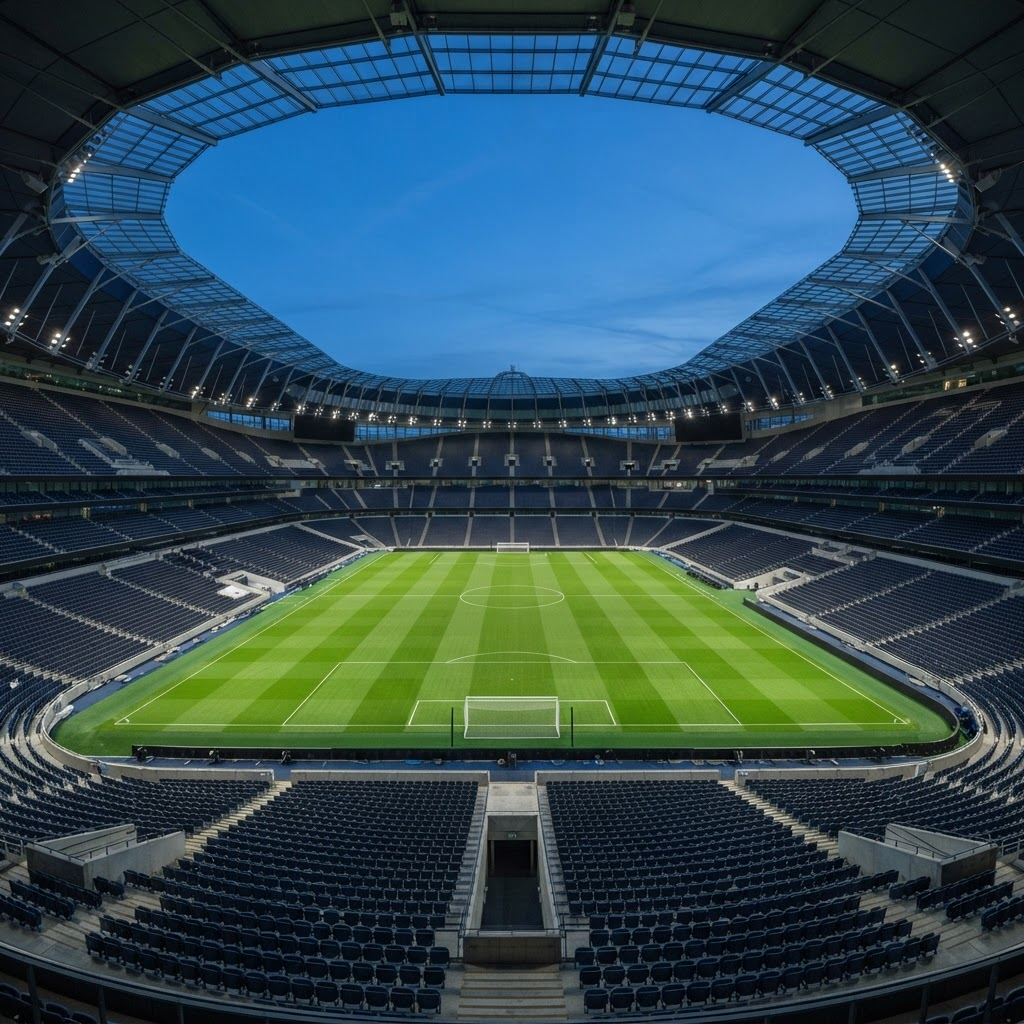 Interior de un estadio de futbol argentino al anochecer